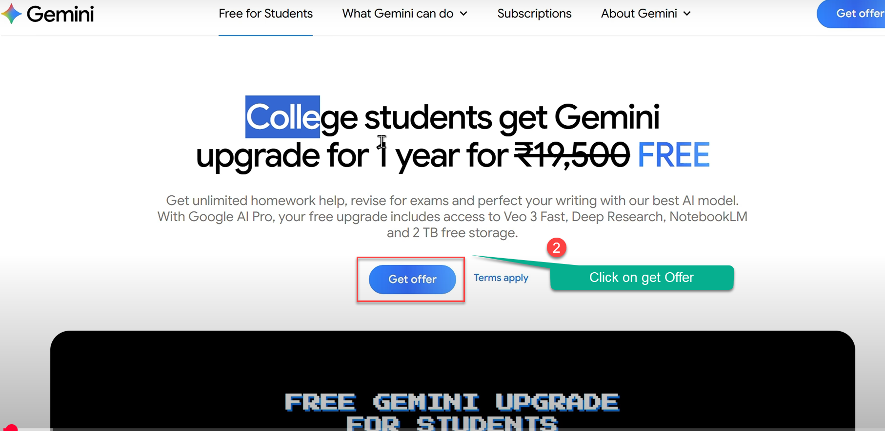 Screenshot of Google Gemini student offer page