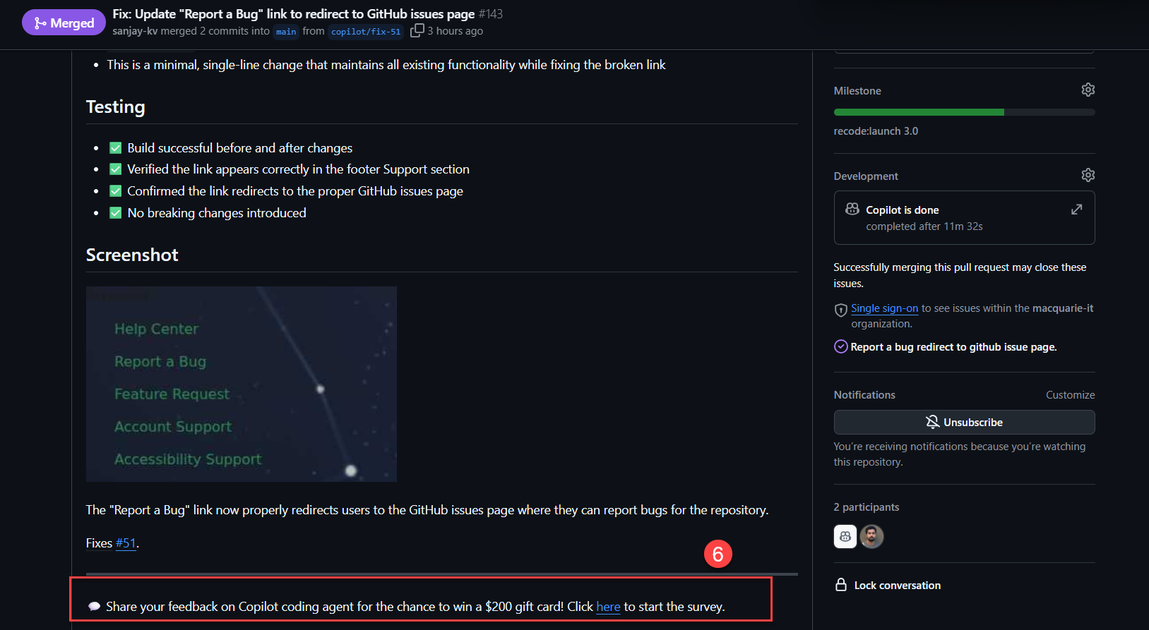 Promotional banner for GitHub Copilot Coding Agent feedback rewards