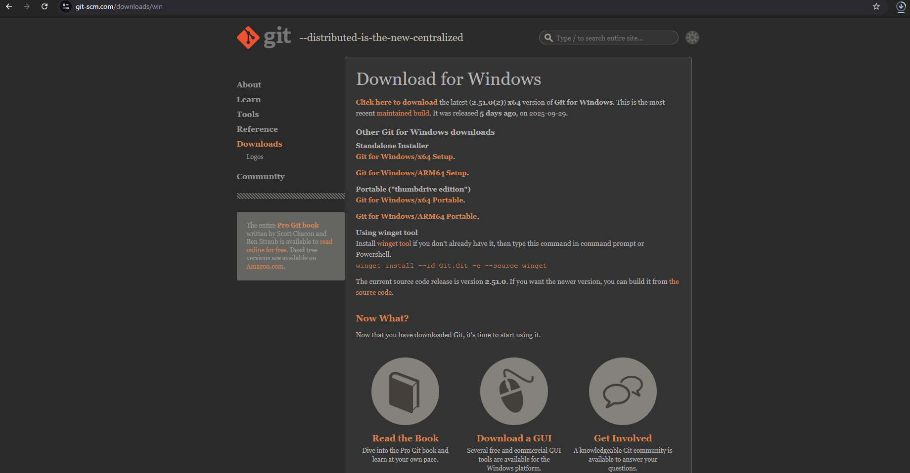 Screenshot of Git version selection for Windows