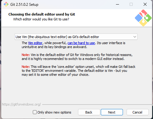 Screenshot of Git installation setup options