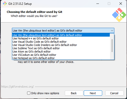Screenshot of Git configuration options during installation