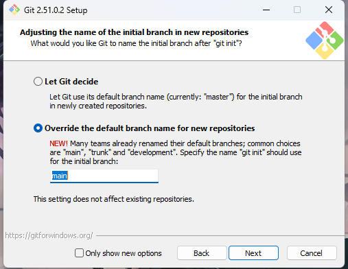 Screenshot of Git initial branch configuration