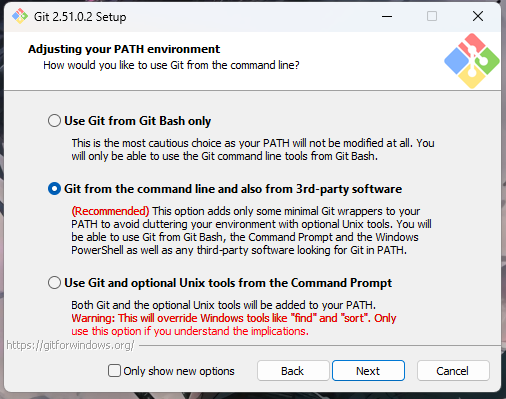 Screenshot of Git path environment configuration