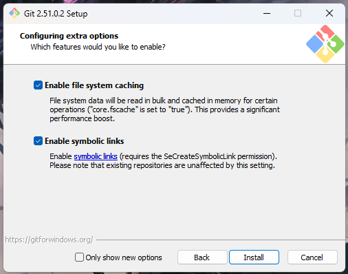 Screenshot of Git experimental options during installation